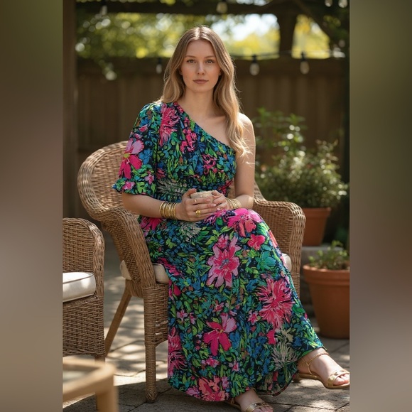 Lilly Pulitzer Niki One-Shoulder Maxi Dress Size S, NWT in Multi Festive Fantasy - Picture 2 of 8